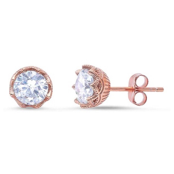 18k Rose Gold Plated Cz Solitaire Stud .925 Silver - Picture 1 of 2